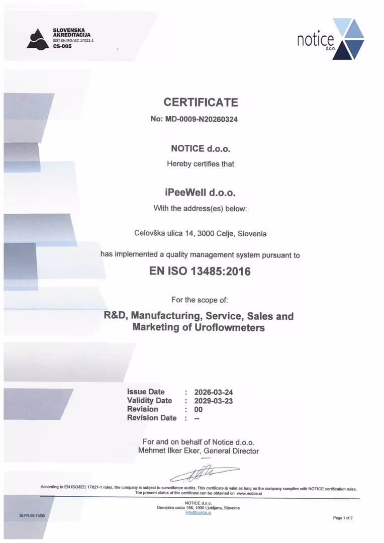 iPeeWell certificate ISO13485:2016 quality management system