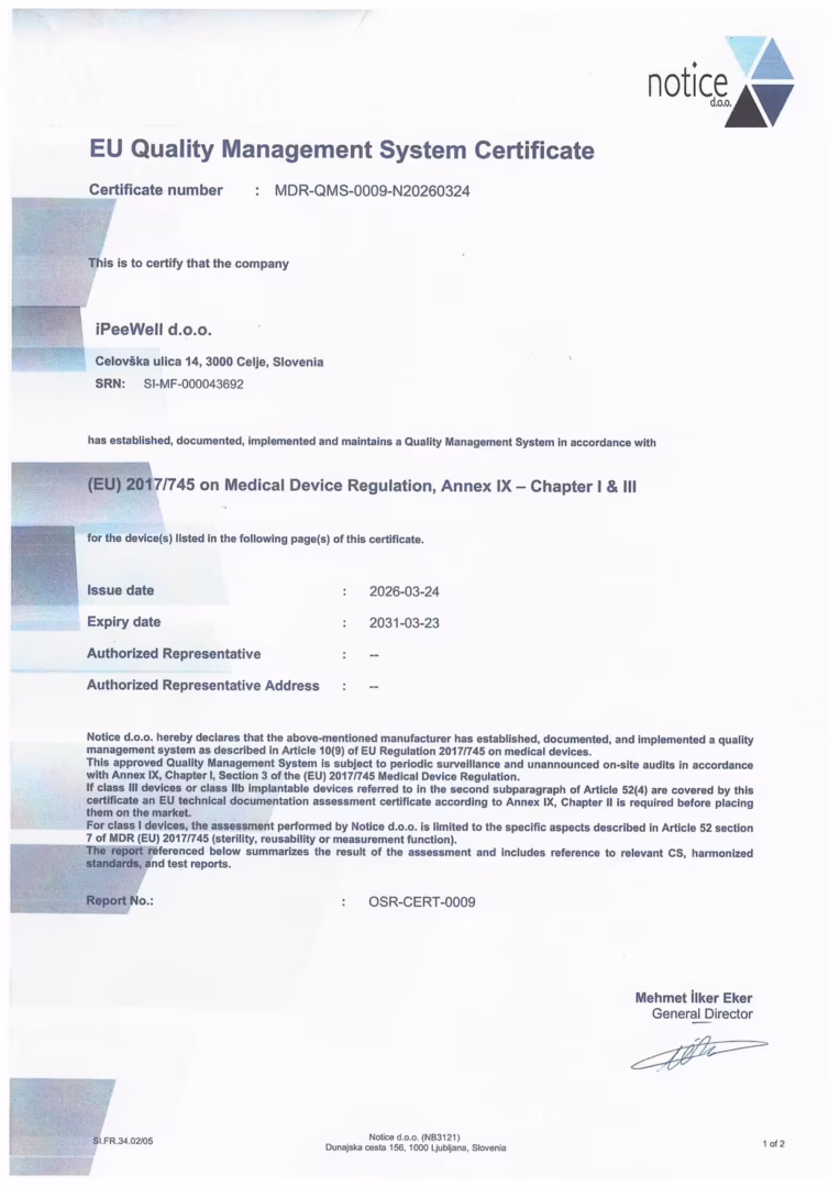 iPeeWell certificate MDR 2017/745